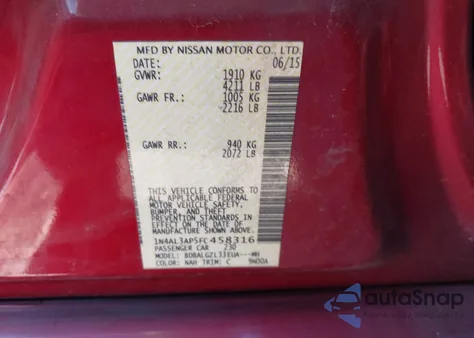 2015 Nissan Altima 2.5 S из США, поврежденный, VIN 1N4AL3AP5FC458316